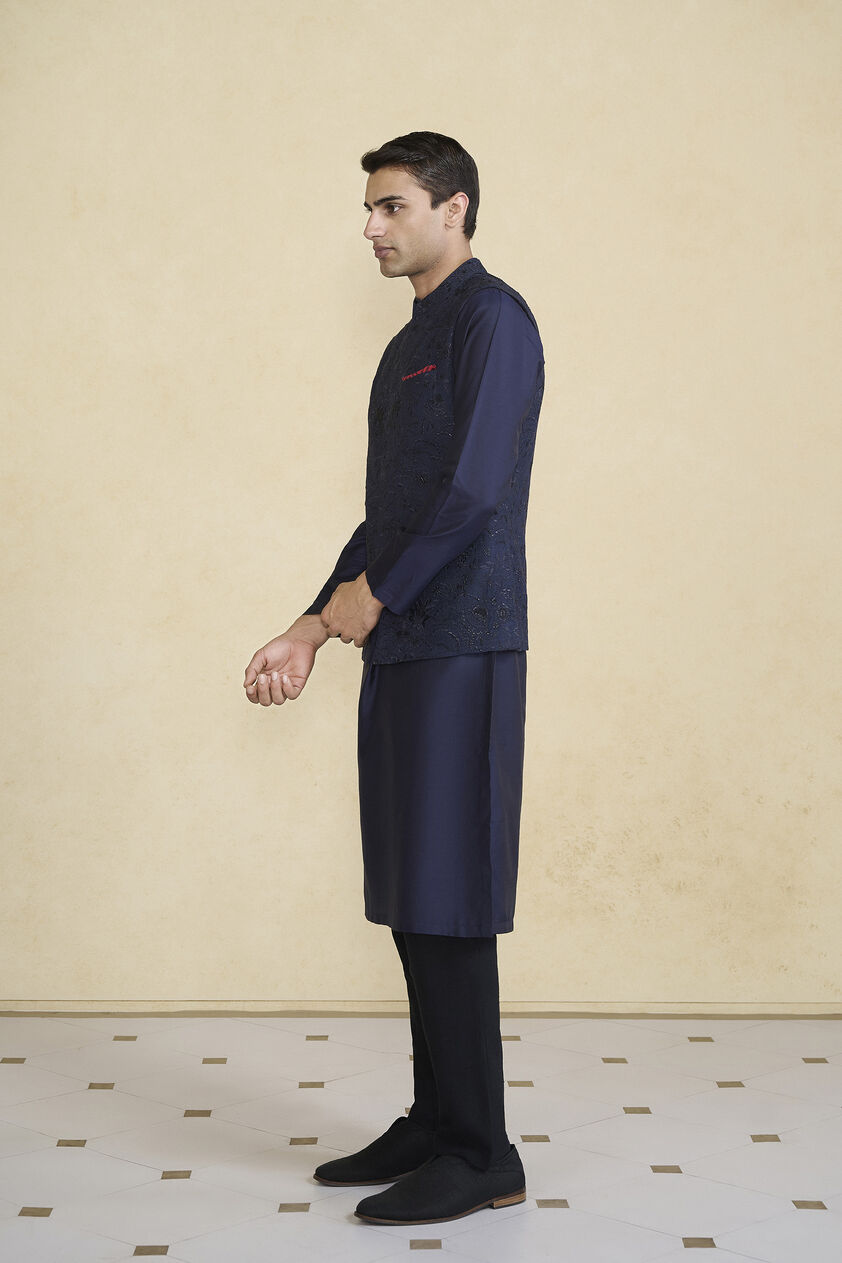 Banshik Hand-embroidered Silk Nehru Jacket - Navy, Navy, image 3